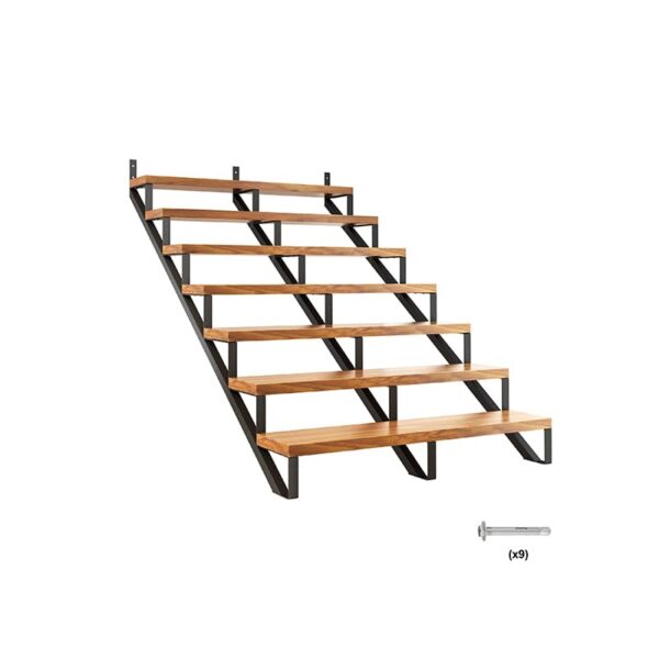 A 3D illustration of a Steel 7 Step Stair Stringer with wooden treads on a metal frame, displayed against a white background with screws and number indicating assembly parts.