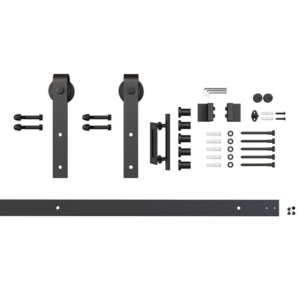 Exploded view of a sliding door hardware kit for a 36in x 84in Knocked Down Version Chevron Barn Door, 5 Lites, DIY Assembly including rollers, handle, track, and assorted screws and fasteners, all displayed on a white background.