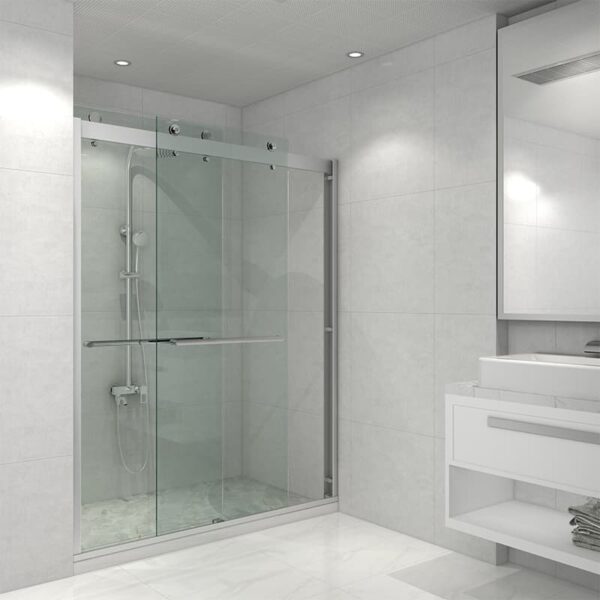 Modern bathroom with a tempered glass shower door, white vanity cabinet, and neatly stacked towels.