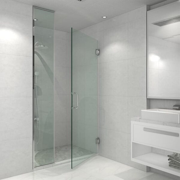 Modern bathroom with a Glass Hinge Shower Door with Fixed Glass, white vanity cabinet, and gray tiled walls and floor.