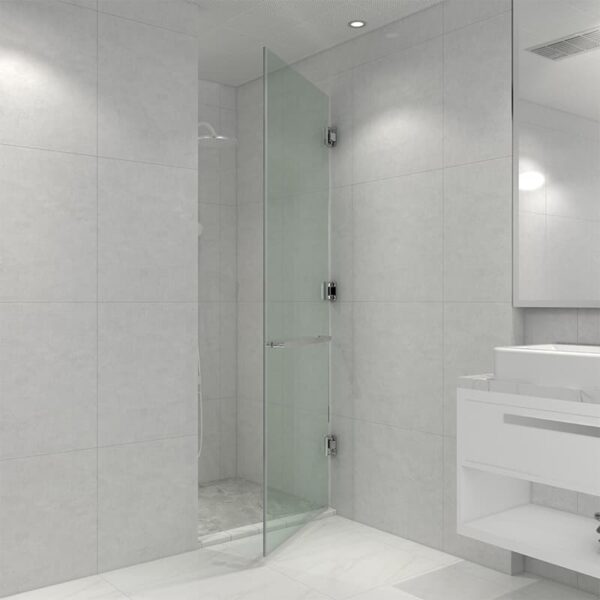 Modern bathroom with a Glass Hinged Shower Door, white vanity sink, and gray tiled walls and floors.