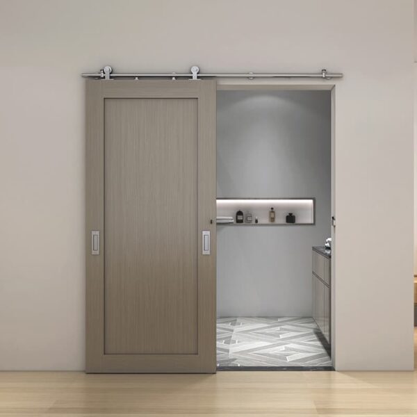 Soft Closing Sliding Door with Stainless Steel Hardware, Top Mounted on a steel rail, revealing a well-lit, modern bathroom.