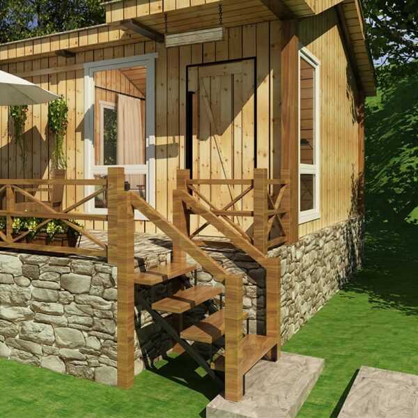 Wooden cabin with stone foundation and a small porch accessed by a 4 Step Steel Stringer Stair Riser, surrounded by lush greenery on a sunny day.