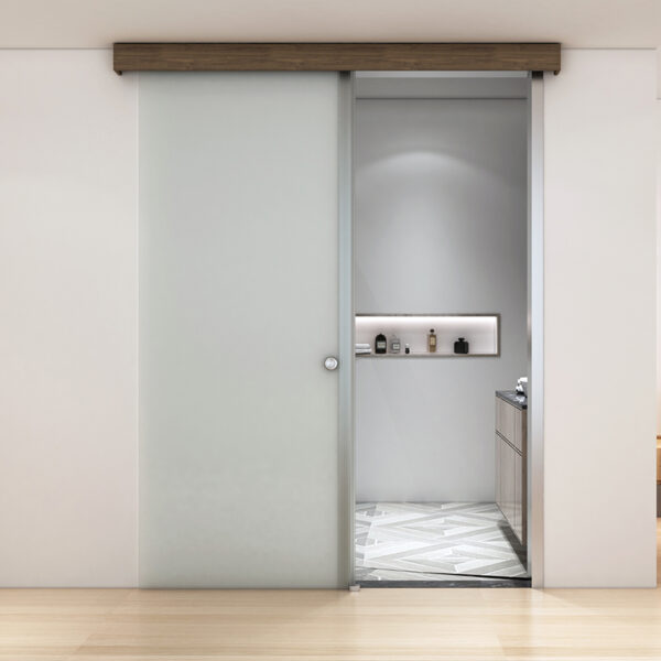 Modern bathroom featuring an aluminum sliding glass door, stainless steel fixtures, and minimalist style.