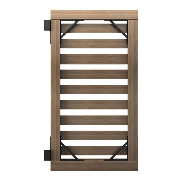 A wooden gate with horizontal slats and black metal brackets is displayed against a white background, showcasing Heavy Duty Gate craftsmanship.