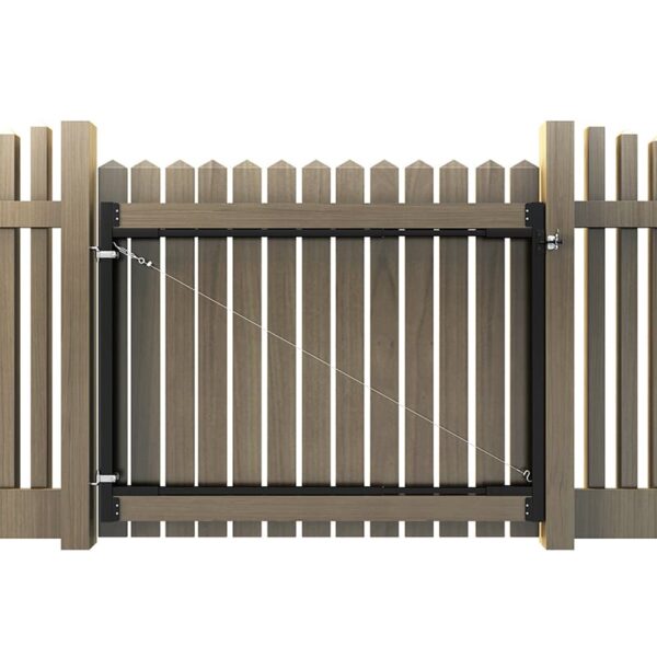 Wooden gate with vertical planks, matching fence sections, diagonal metal support rod, and black hardware.