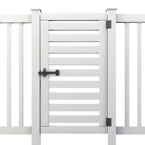 A white fence gate with horizontal slats, matching panels, and a black side latch and hinge.