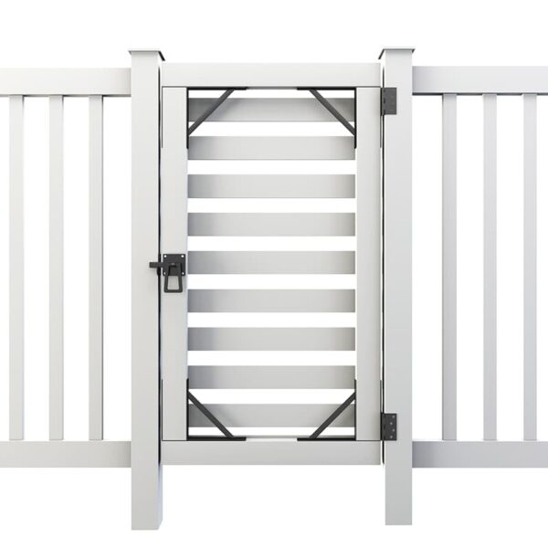 White gate with horizontal slats, black hardware, and double-sided lockable latch. Part of a white fence with vertical slats.