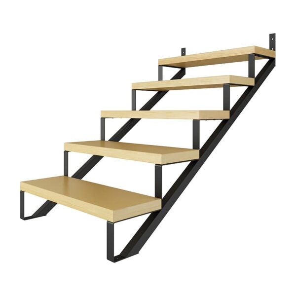 A modern 5-step steel stringer stair riser with black steel stringer supports and light wooden steps, isolated on a white background.