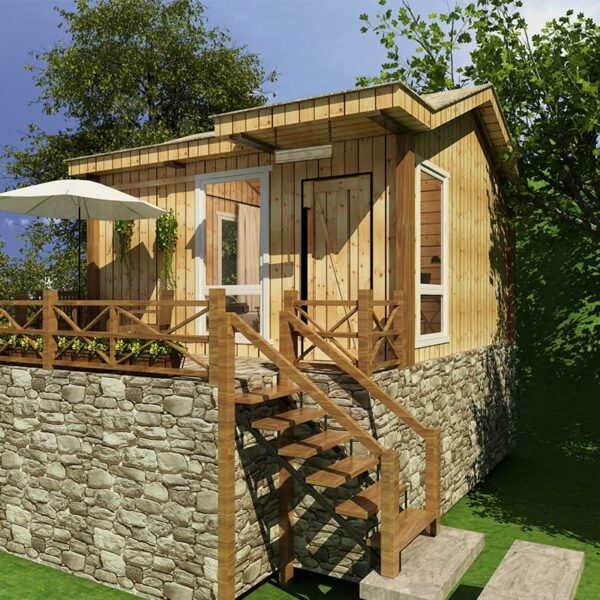 3D illustration of a small wooden house on a stone base with 6 Step Steel Stringer Stair Risers leading up to a deck, surrounded by green grass and trees.