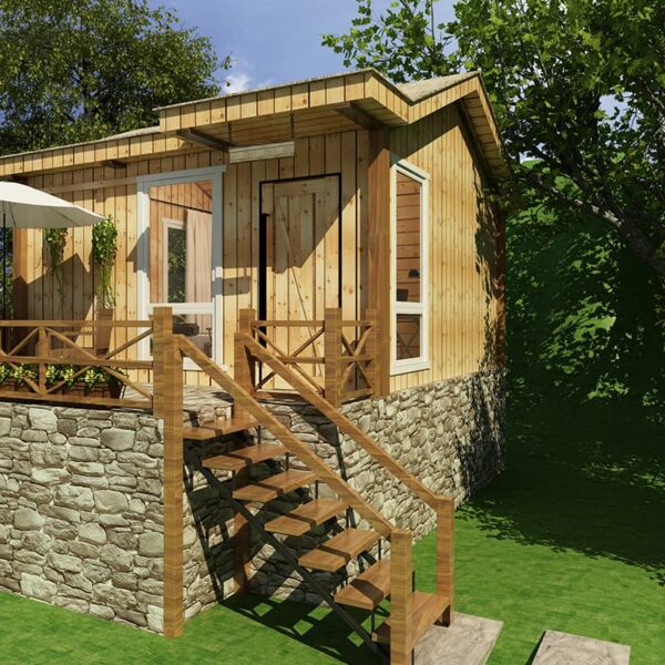 A digital rendering of a wooden cabin with stone foundations, surrounded by trees, featuring a small porch and steps, including a 5 Step Steel Stringer Stair Riser, Screws included, leading up to the entrance.