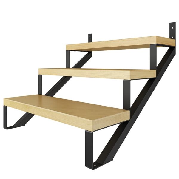 Two-tiered wooden shelves with black metal brackets attached to a 3 Step Steel Stringer Stair Riser, Screws included.