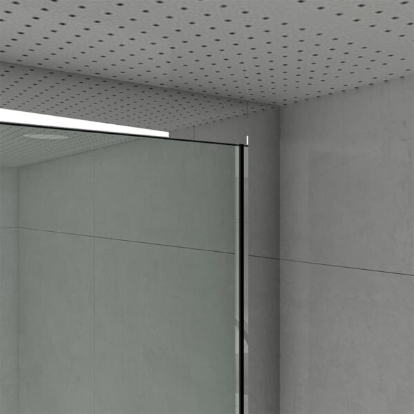 Modern elevator doors made of brushed steel, partially open, with a detailed ceiling showing small recessed lights and a glass hinge.