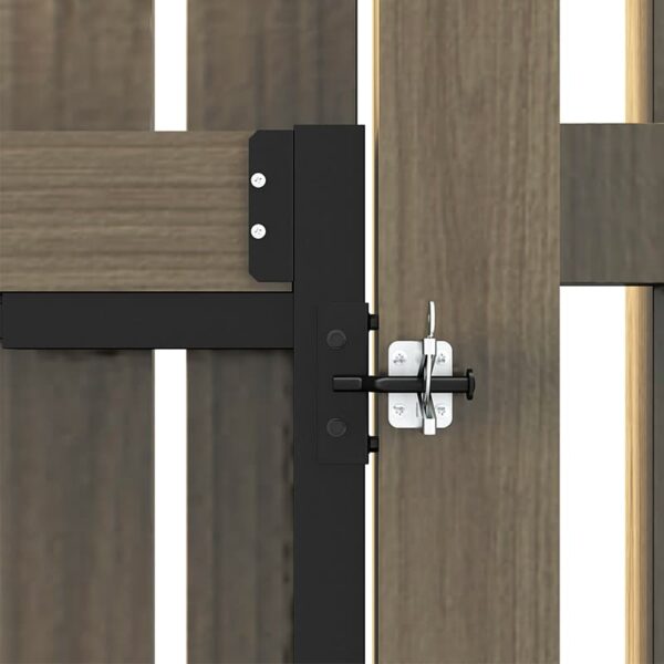 Close-up of a wooden gate with black hardware and a locked metal latch.