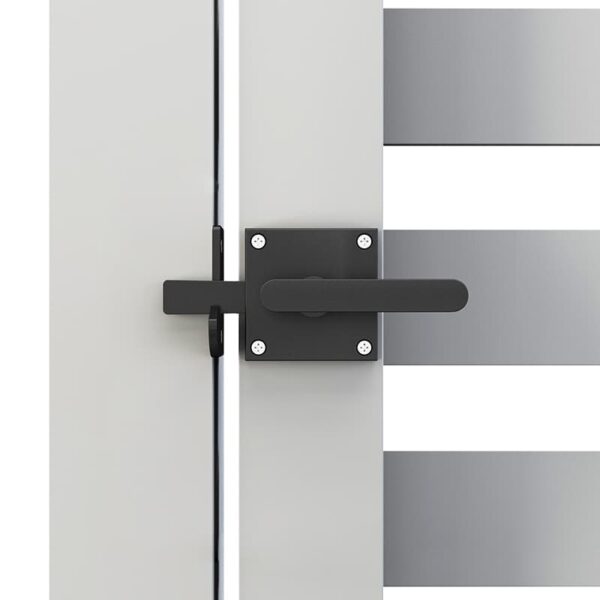 Close-up of sleek black Double Side Gate Latch on white slatted gate.