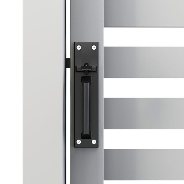 Close-up of a modern Single Side Gate Latch with horizontal bars, black handle, framed by white and grey vertical posts.