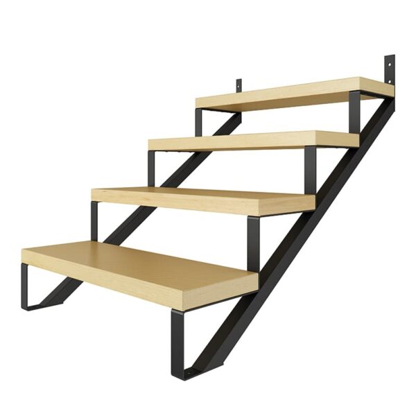 Wall-mounted staircase shelf with four Step Steel Stringer Stair Riser and black metal brackets on a white background.