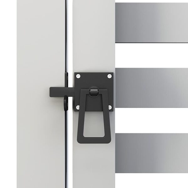 Close-up of a double-sided lockable gate latch with a rectangular handle on a white and gray slatted gate.