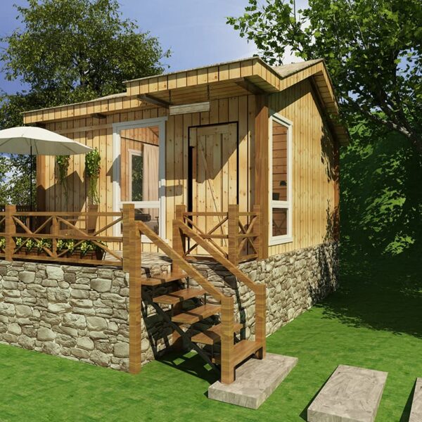 3D rendering of a wooden cabin on a stone foundation with a 5 Step Steel Stringer Stair Riser, Screws included leading to a small balcony, surrounded by lush greenery under a clear sky.