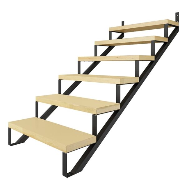 Modern 6 step staircase with black steel stringer and light wooden steps isolated on a white background.