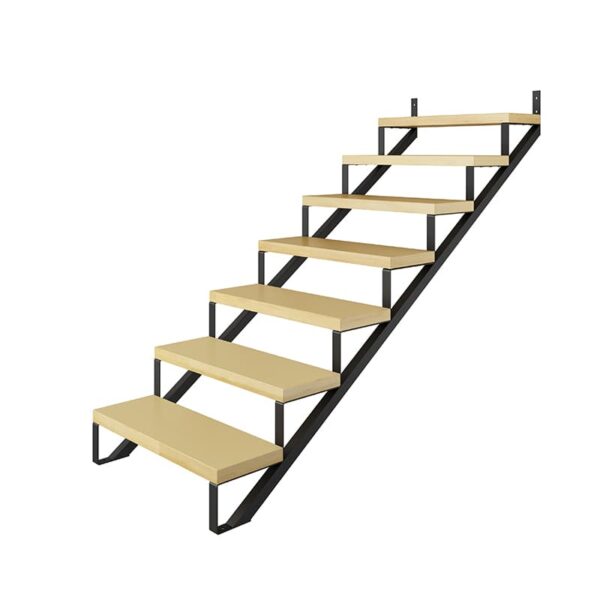 A modern staircase with a black metal 7 Step Steel Stringer Stair Riser, Screws included and light wooden steps, isolated on a white background.