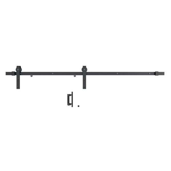 Disassembled black sliding barn door hardware kit, suitable for a 36 x 84 inch Knocked Down Version Chevron Barn Door, including a long track and various mounting brackets, isolated on a white background.