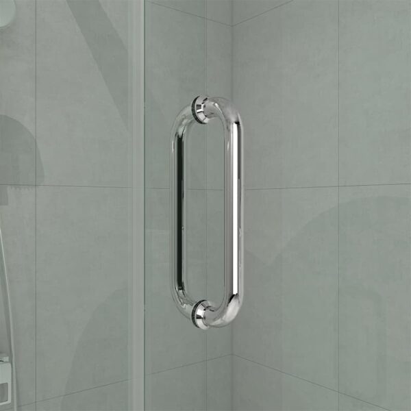 A Glass Hinge Shower Door with Fixed Glass installed on a tempered glass door in a tiled shower enclosure.