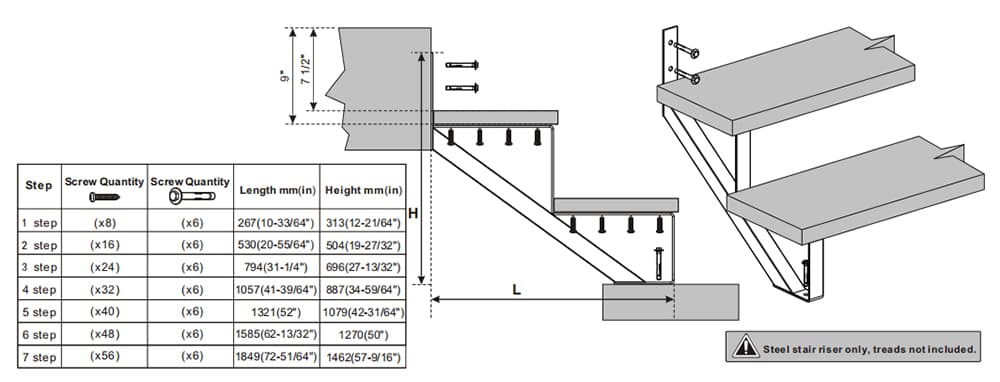 Technical drawing of a 2 Step Steel Stringer Stair Riser assembly with detailed dimensions and a table listing screw quantities and sizes, adjacent to a frameless sliding glass door.