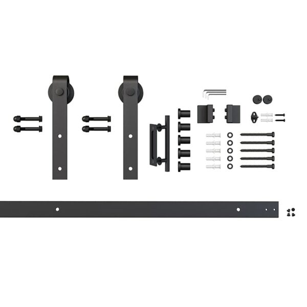 Exploded view of a 36in x 84in White Chevron Barn Door with 5 lites, DIY assembly, knocked down version kit with rollers, track, and installation components laid out on a white background.