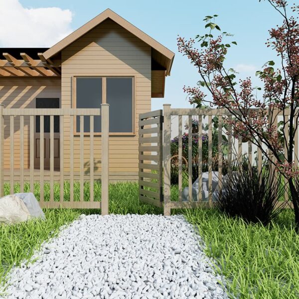 A modern wooden house with a fenced garden features a charming gravel path and stylish Heavy Duty Gate Brackets and Fasteners.