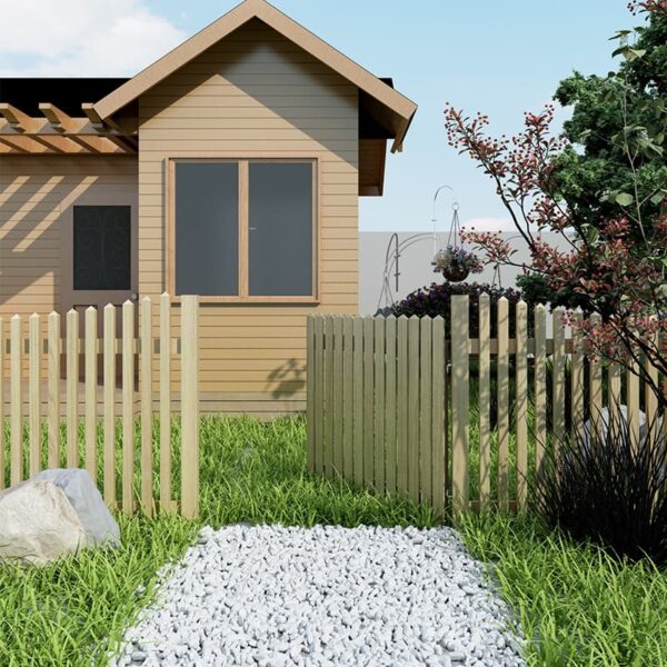 A small wooden house with a slanted roof is behind a wooden fence with Black Gate Hardware. The yard has a stone path, grass, bushes, and trees.