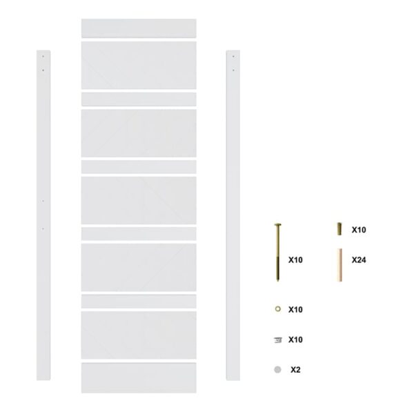 Exploded view of a white shelving unit with components and hardware laid out, including 36in x 84in Knocked Down Version Chevron Barn Door, side panels, screws, and dowels.