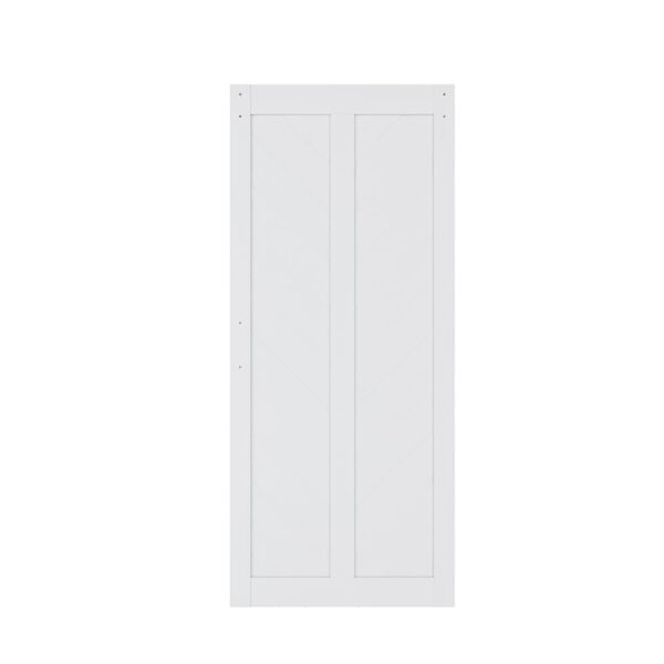 36in x 84in White Chevron Barn Door, 5 Lites, DIY Assembly, Knocked Down Version double-door cabinet drawer front with a simple, contemporary design, isolated on a light background.