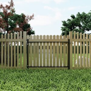 A wooden picket fence with a center gate, reinforced by Black Gate Hardware, stands amid green grass and trees under a partly cloudy sky.