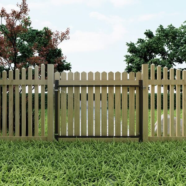 A wooden picket fence with a center gate, reinforced by Black Gate Hardware, stands amid green grass and trees under a partly cloudy sky.