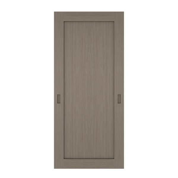 Soft-closing, light brown sliding door with stainless steel top mounting hardware, flat panel design, and recessed handles on both sides.