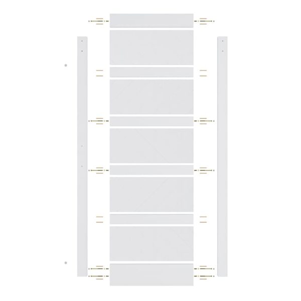 Top view of a white wooden pallet with multiple slats and 36in x 84in Knocked Down Version Chevron Barn Door, 5 Lites, DIY Assembly metal brackets.