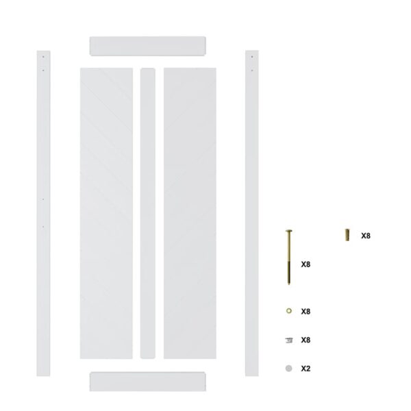 Flat lay view of unassembled 36in x 84in White Chevron Barn Door, 5 Lites, DIY Assembly, Knocked Down Version parts and assembly hardware on a white background.