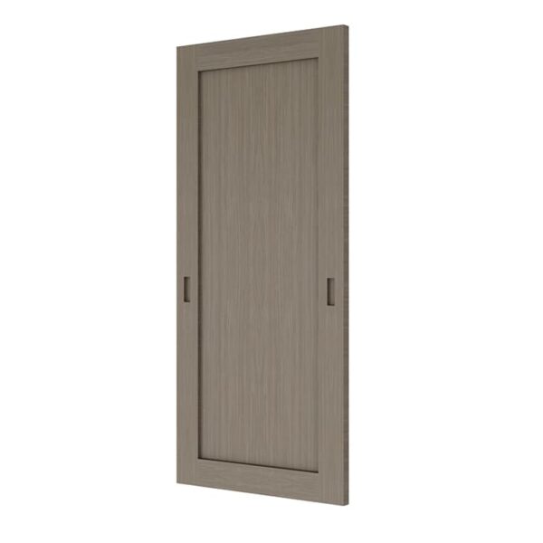 A light brown wooden sliding door with a rectangular frame, vertical handles, and stainless steel soft-closing hardware.