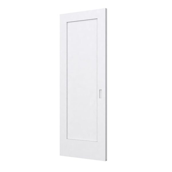 A modern white rectangular bathroom door with a soft closing, wood handle, and recessed panel design.