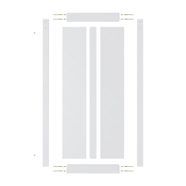 Exploded view of a 36in x 84in White Chevron Barn Door flat-pack furniture kit with panels and fittings arranged neatly on a white background.