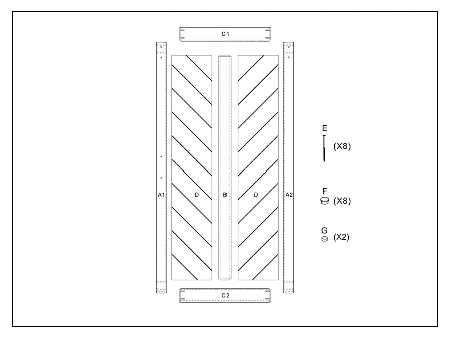 Technical drawing of a 36in x 84in White Chevron Barn Door with diagonal braces, labeled with parts A1, A2, B, C1, C2, D, E, F, and G, and indicating quantities for installation.