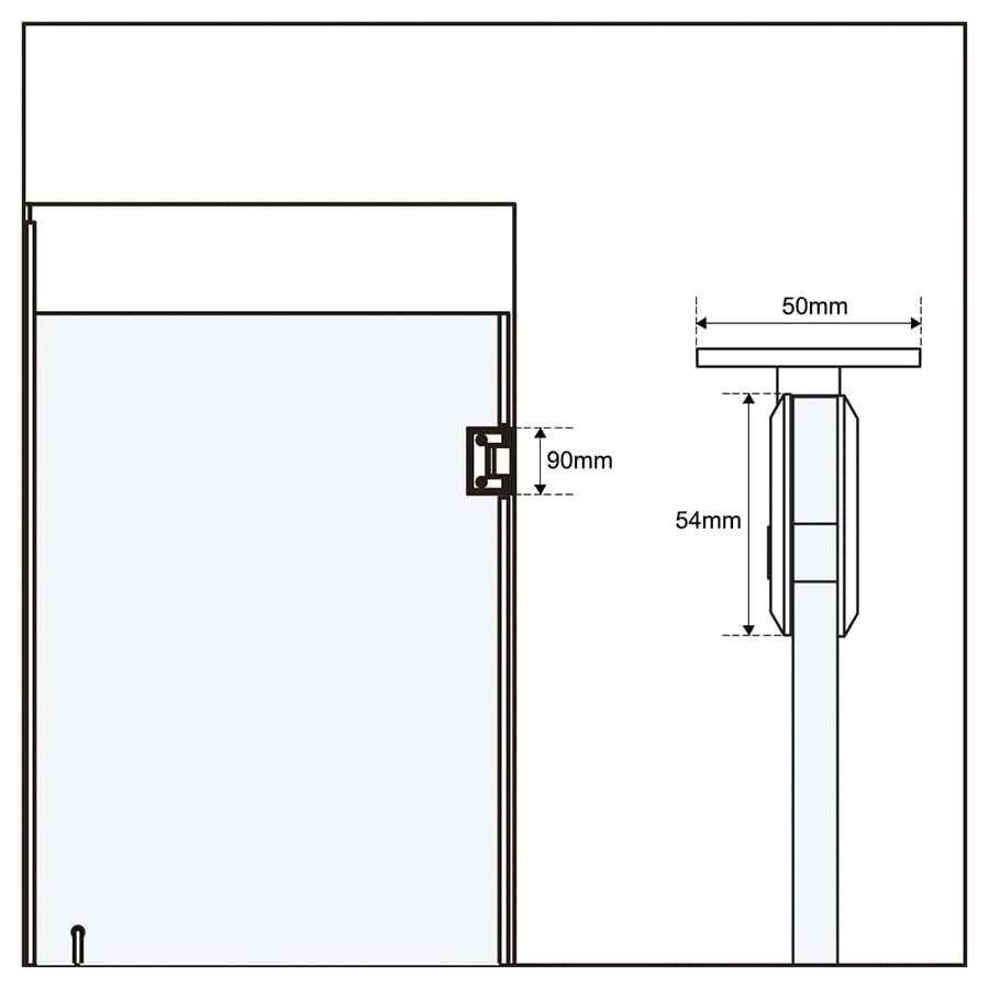 Technical drawing of a Glass Hinge Shower Door with Fixed Glass latch installation, showing top and side views with labeled dimensions.