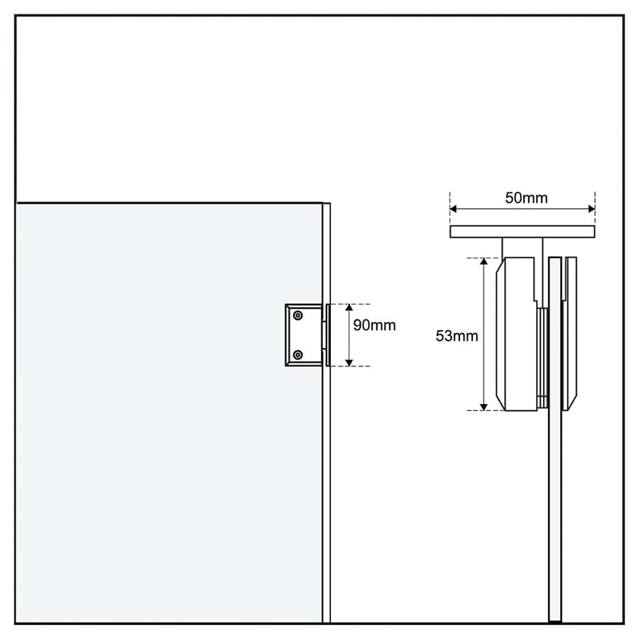 Technical drawing of a hinged shower door with measurements, including detailed dimensions of the hinge placement and spacing between components.