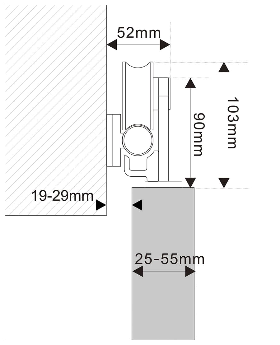 Technical schematic of a soft-close sliding door with stainless hardware, top-mounted, mm-detailed, cross-sections & adjustable indicators.