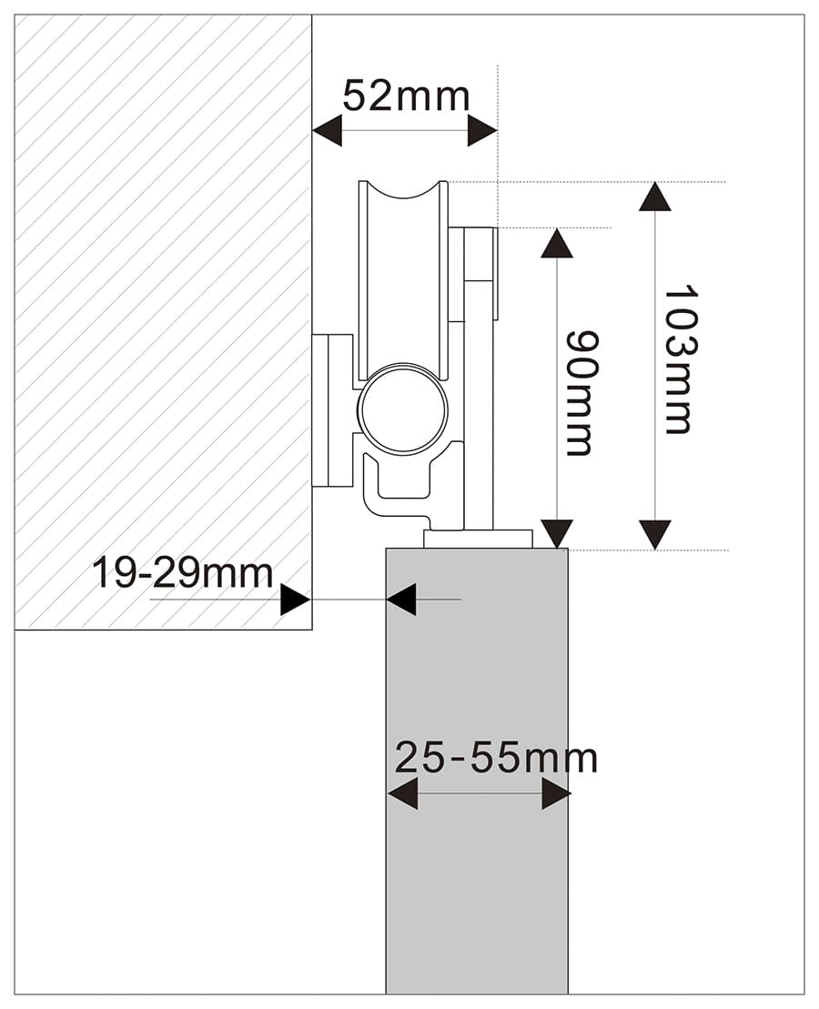 Technical drawing of a top-mount soft-close bathroom door with a wooden cover, detailed mm dimensions, cross-sections, and labeled measurements.