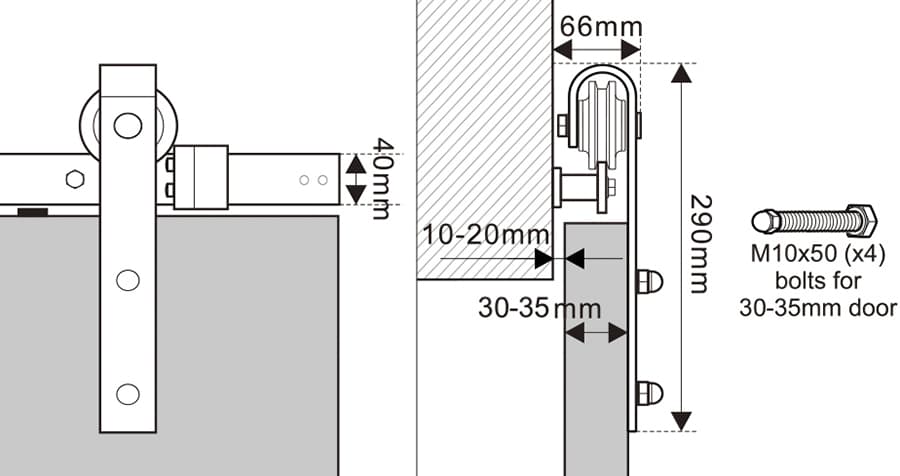 Technical drawing showing the installation of a 36in x 84in White Chevron Barn Door with 5 lites, DIY assembly, knocked down version mechanism with dimensions and bolt specifications.