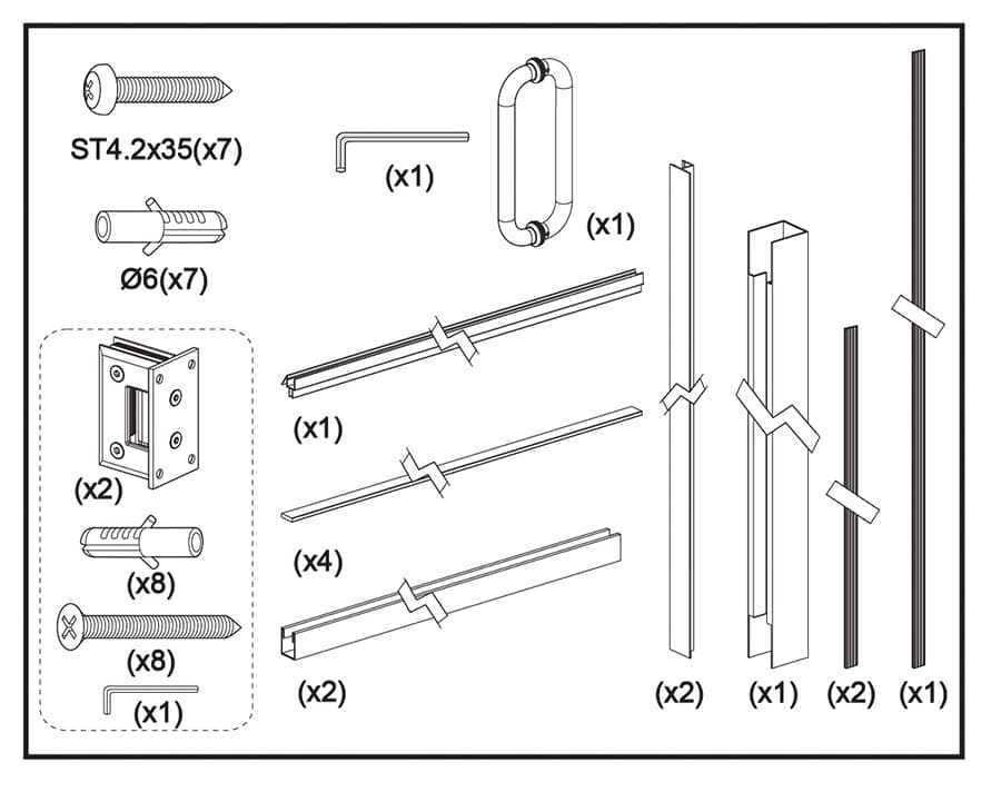 Illustration of furniture assembly parts and hardware, including screws, brackets, wooden components, and a Glass Hinge Shower Door with Fixed Glass, labeled with quantities and dimensions.