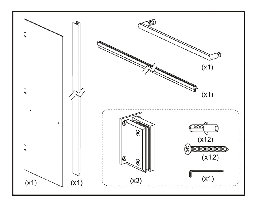 Illustration of unassembled furniture parts including a Hinged Shower Door, hinge components, bracket, and screws, laid out neatly for assembly.