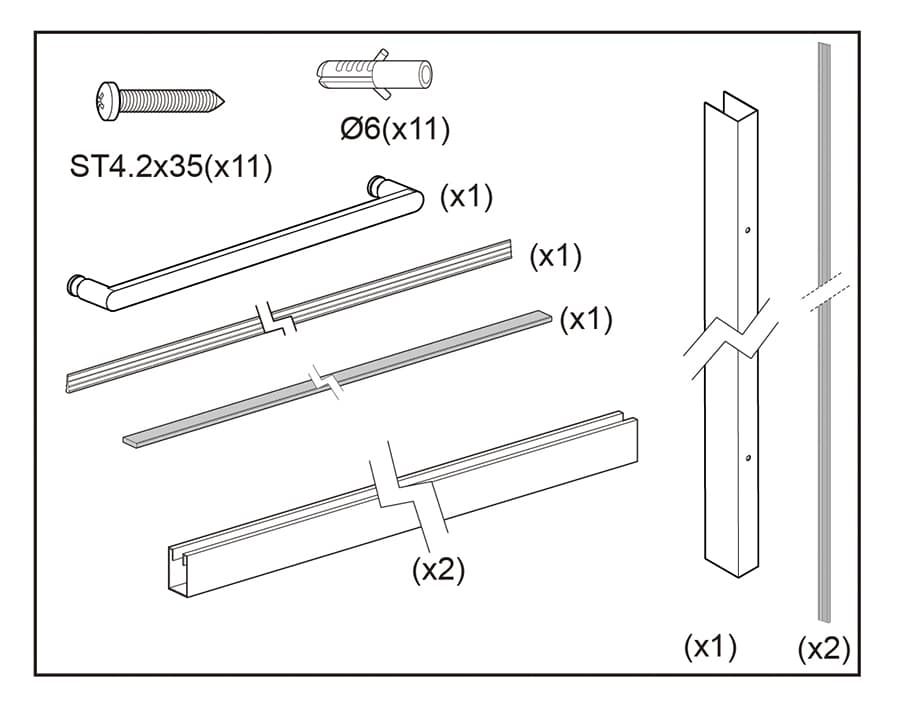 Exploded view technical drawing showing components of a Fixed Glass Shower Door with Polished Stainless Steel Wall Frame assembly kit, including screws, dowels, wooden parts, and glass hinges with quantities and dimensions labeled.